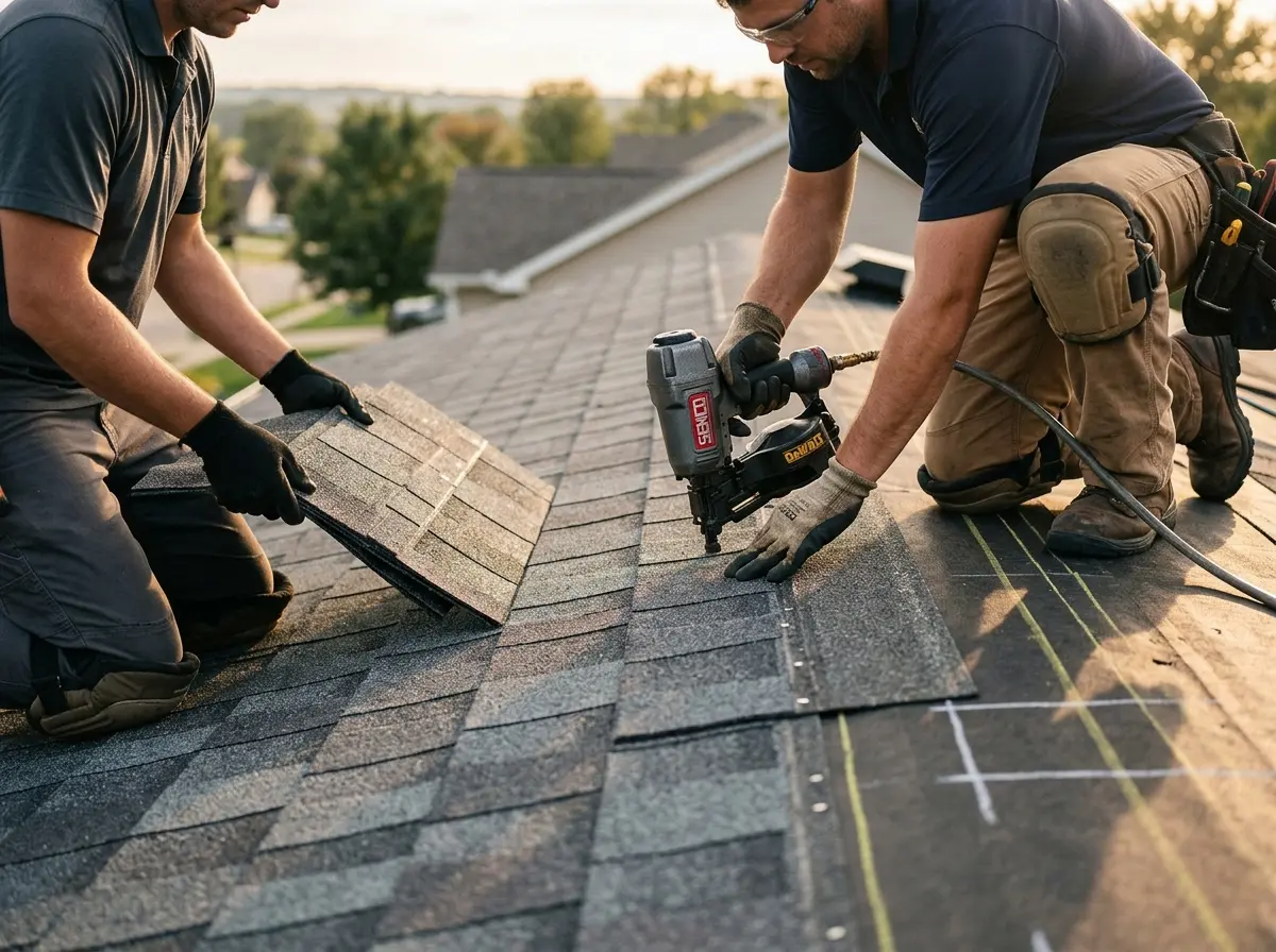 Professional roofer working on a residential roof in West Brandywine